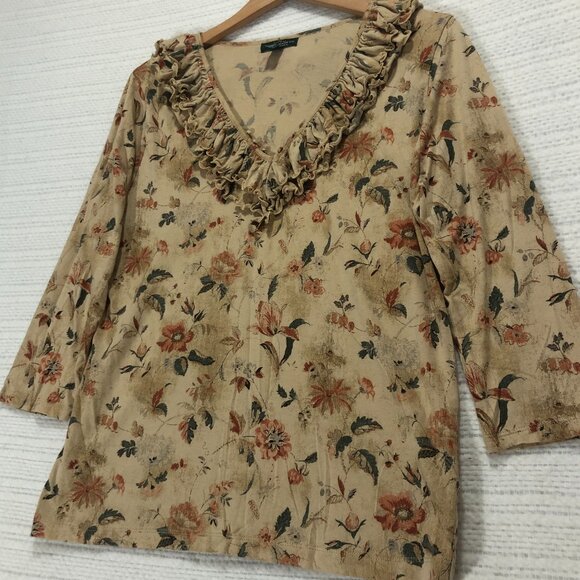 Lauren Jeans Co. Floral Ruffle Neckline‎ 3/4 Sleeve Blouse Top - Picture 1 of 8